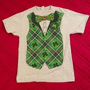 St. Patrick’s Day T-shirt with printed green plaid vest and bow tie on front  M